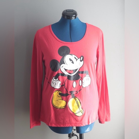 Disney Red Long Sleeve Shirt with Mickey Mouse PJ Top Sz L Casualcore 90s Kid - Picture 1 of 8